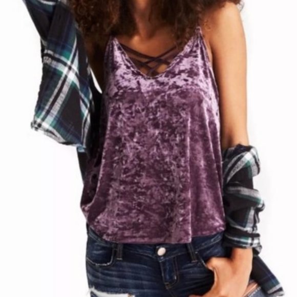 AMERICAN EAGLE Crushed Velvet Lace Front Pink Tank - Picture 1 of 9